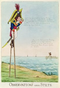 Observaciones sobre zancos, caricatura de Napoleón de pie sobre zancos observando a Pitt y a Inglaterra a través del Canal